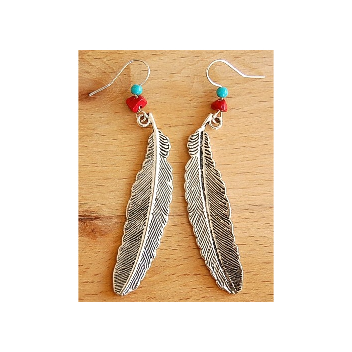 Boucles d'oreilles Plumes Longues Extra Turquoise Country Western
