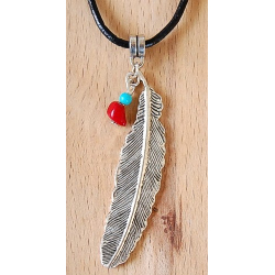 Collier Pendentif Plume Longue et Turquoise Country Western