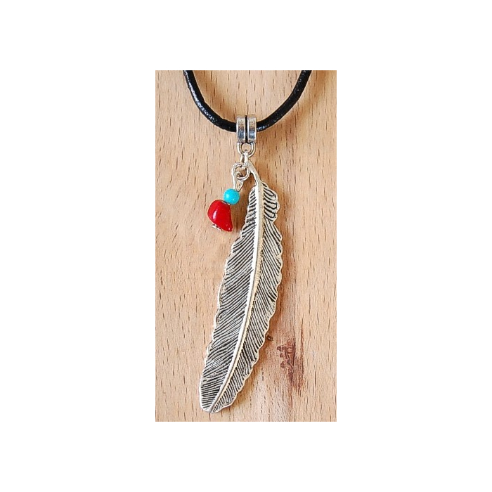 Collier Pendentif Plume Longue et Turquoise Country Western
