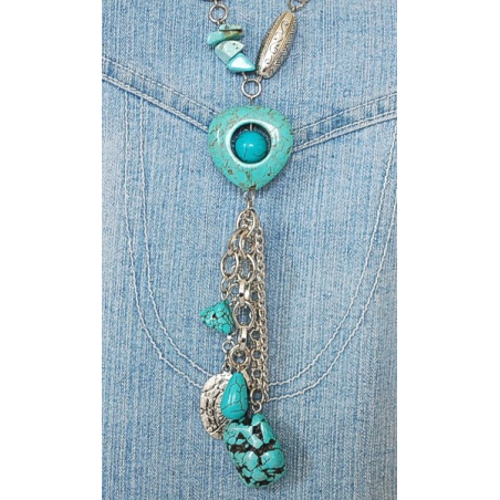 Collier Turquoise Long Coeur Pepitte Country Western