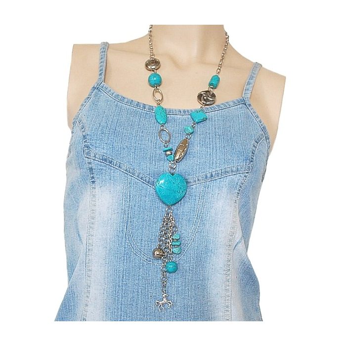 Collier Turquoise Long Coeur Country Western