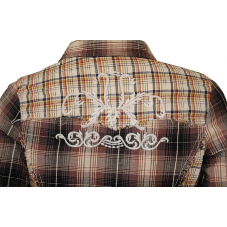 Chemise Country Western Carreaux Broderies Dos Marron