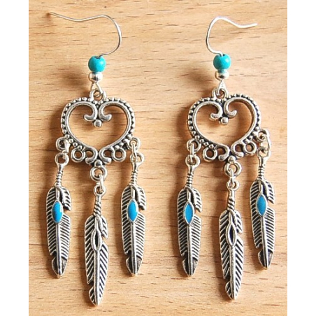 Boucles d'oreilles Coeur Plumes Turquoise Country Western