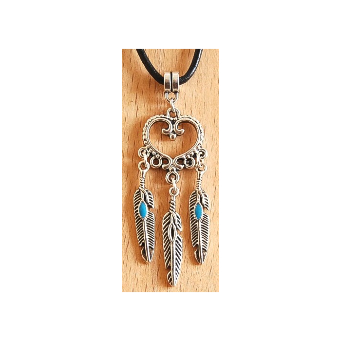Pendentif Coeur Plumes Turquoise Country Western