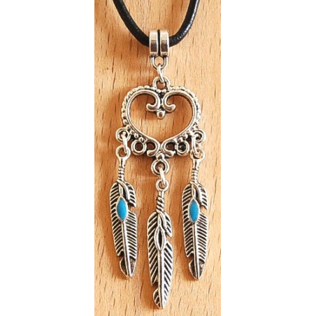 Pendentif Coeur Plumes Turquoise Country Western