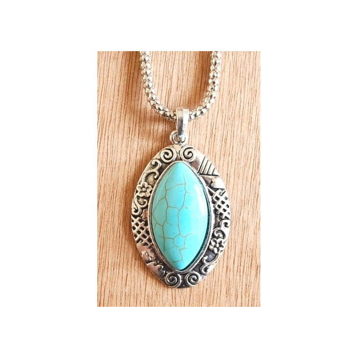 Collier Pendentif Turquoise Oval Oeil de Cheval Country Western