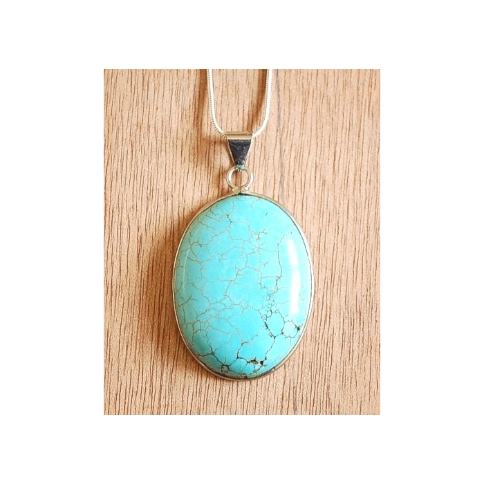 Collier Pendentif Turquoise Howlite Oval Chaine Fine Country Western