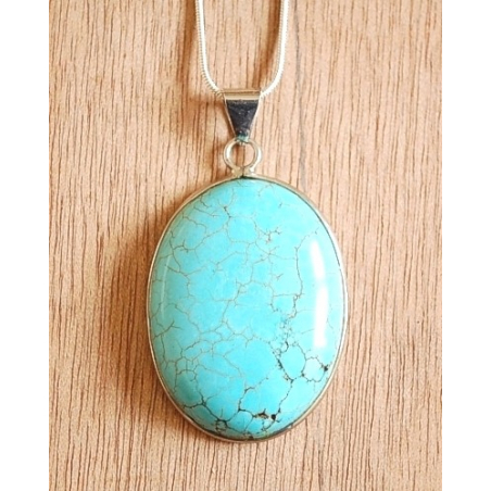 Collier Pendentif Turquoise Howlite Oval Chaine Fine Country Western