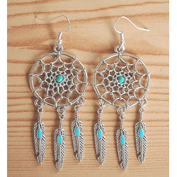 Boucles d'oreilles Dreamcatcher Plumes Turquoise Country Western