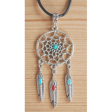 Collier Pendentif Dreamcatcher Plumes Rouge et Turquoise Country Western