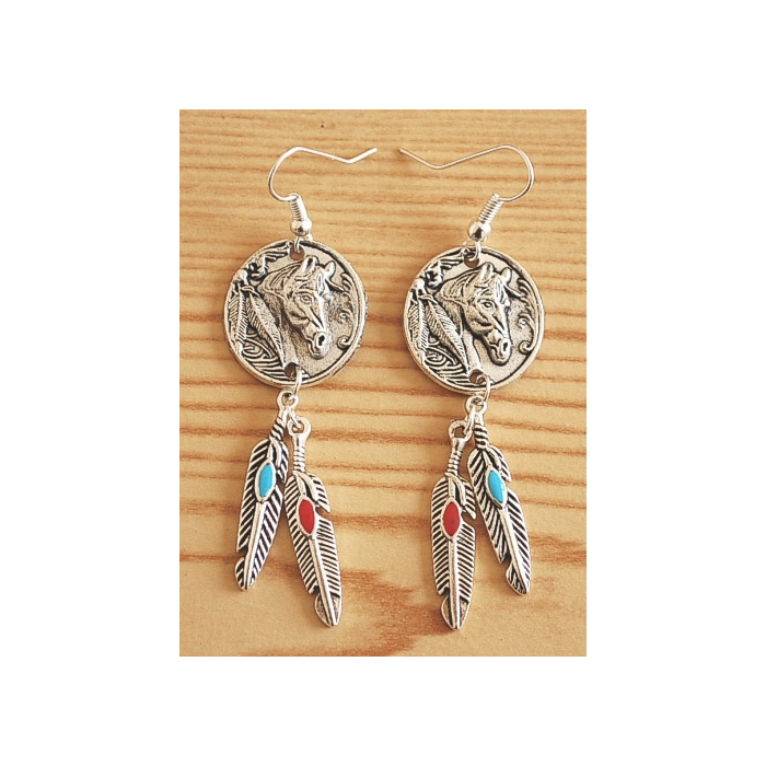 Boucle d'oreilles Cheval Plumes Country Western
