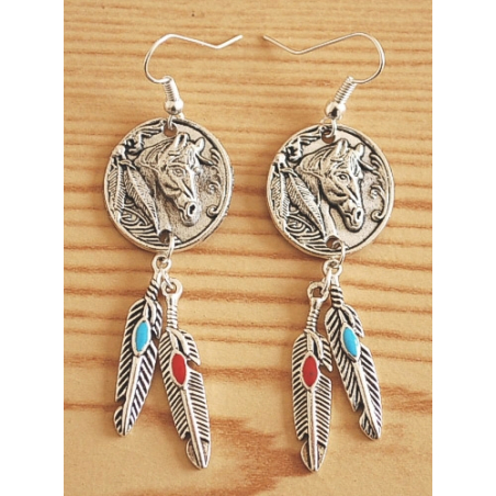 Boucle d'oreilles Cheval Plumes Country Western