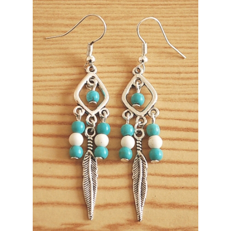 Boucles d'oreilles Plumes Perles Turquoise Blanche Country Western