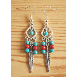 Boucles d'oreilles Plumes Perles Turquoise Rouge Country Western