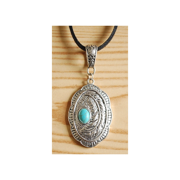 Collier Pendentif Oval Plume Cabochon Turquoise Country Western