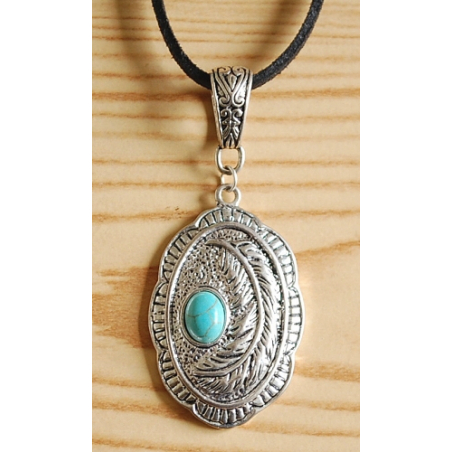 Collier Pendentif Oval Plume Cabochon Turquoise Country Western