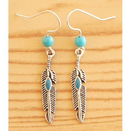 Boucles d'oreilles Plumes Métal Turquoise Perles Turquoise Country Western