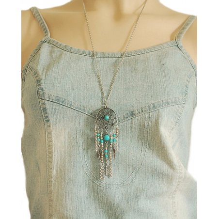 Collier Pendentif Sautoir Dreamcatcher Perles Turquoise Country Western