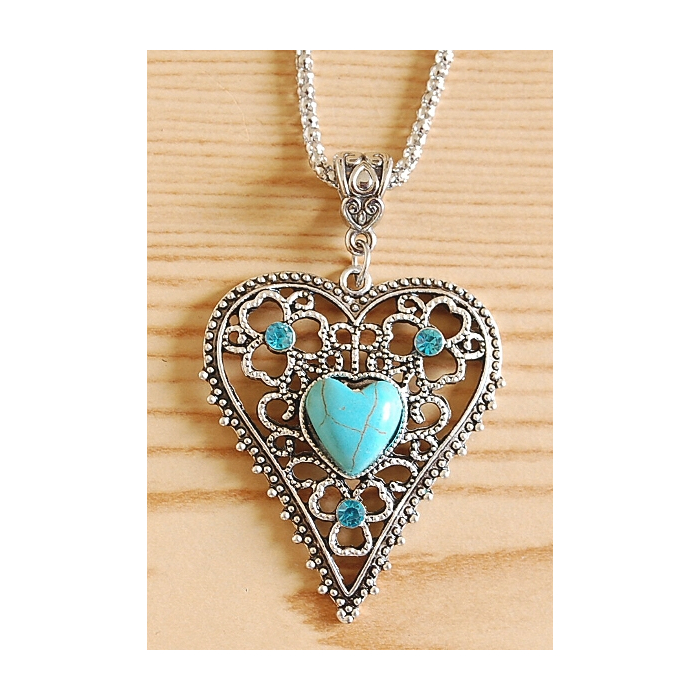 Collier Pendentif Coeur Brillant Turquoise Country Western