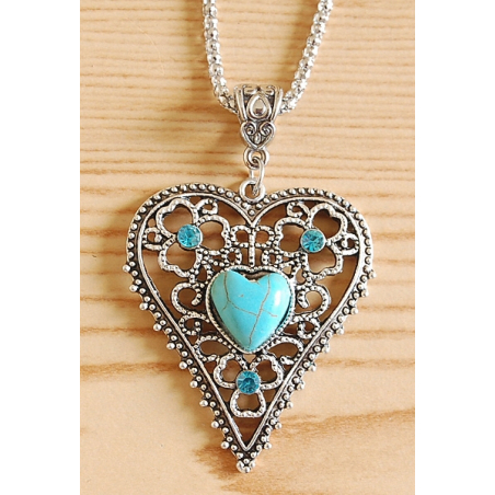 Collier Pendentif Coeur Brillant Turquoise Country Western
