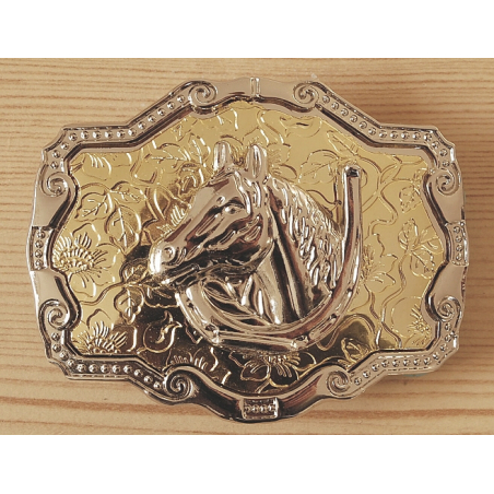 Boucle de Ceinture Rectangle Fond Or Fer a Cheval Country Western Cowboy