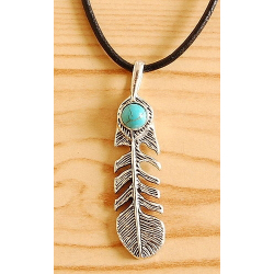 Collier Pendentif Plume Cabochon Turquoise Country Western