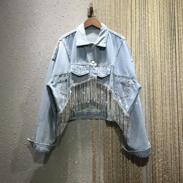 Veste en jean à franges strass – Cropped western femme tendance